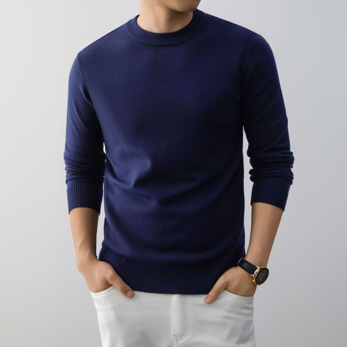 Navy blue slim fit crew neck knit sweater, option photo for size 180 (2XL)