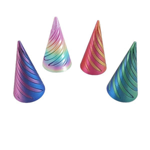 Group of four gradient spiral cones with helical cuts, cut out on a plain white background
