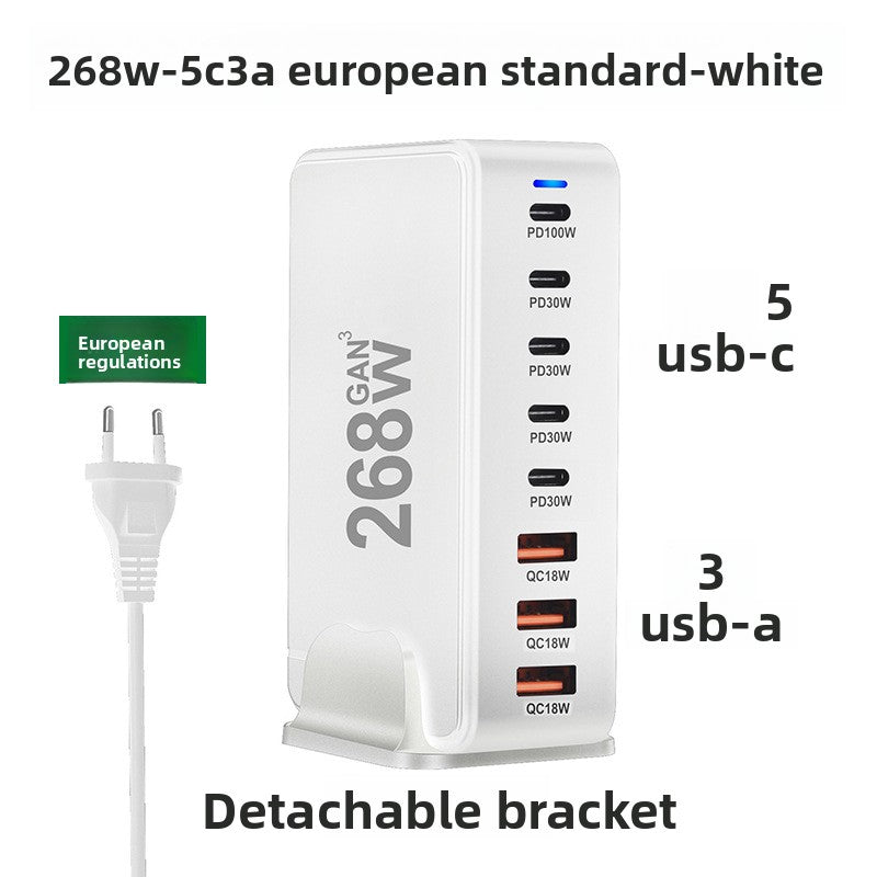 Close view of the GaN charger ports, one PD100W USB C over PD30W USB C and QC18W USB A