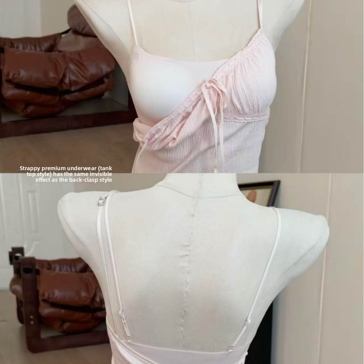 Close view of a seamless bralette showing the molded cup and thin spaghetti strap