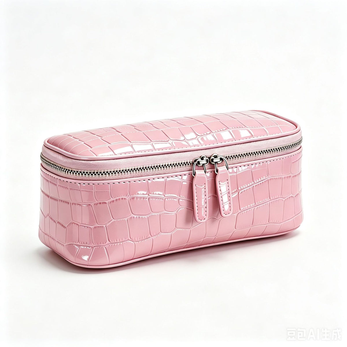 Pink crocodile pattern genuine leather cosmetic bag with silver double zipper, three quarter view