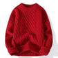 Neckline detail of the ribbed round crewneck on the cable knit pullover