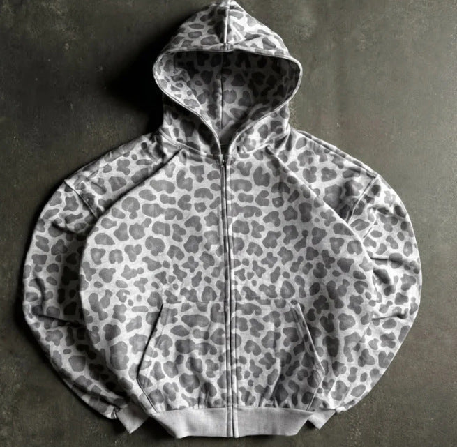Light grey leopard print zip-up hoodie with front pouch pocket, flat lay