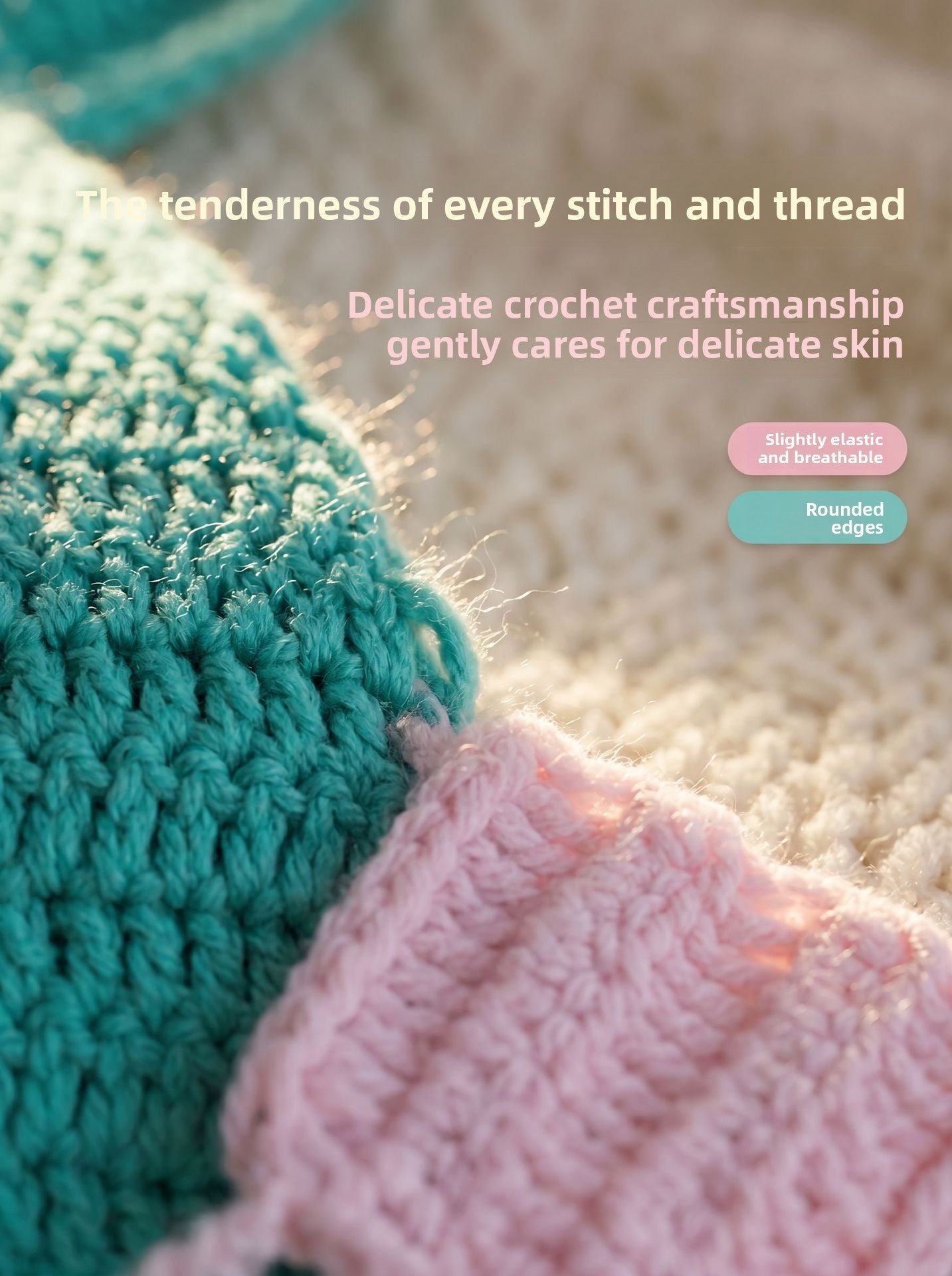 Close up of the chunky teal and pink crochet stitch of the baby mermaid costume set
