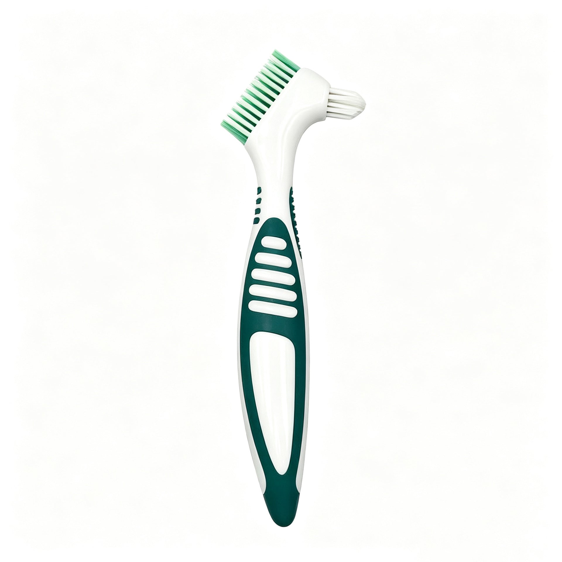 Green double headed denture brush with a white PP handle and green TPE grip on a white background