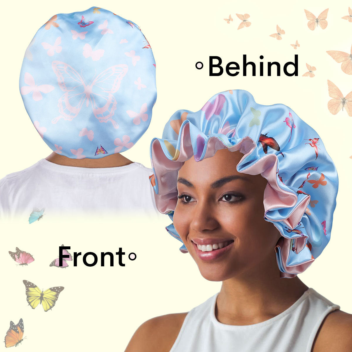 Light blue butterfly print satin hair bonnet shown front and back with a model wearing it