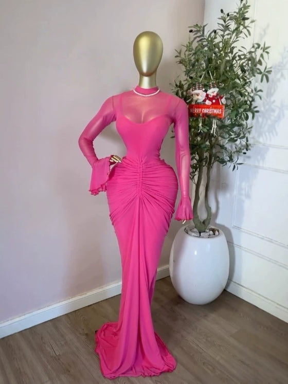 Women's Ruched Mesh Bodycon Maxi Dress with Flared Sleeves