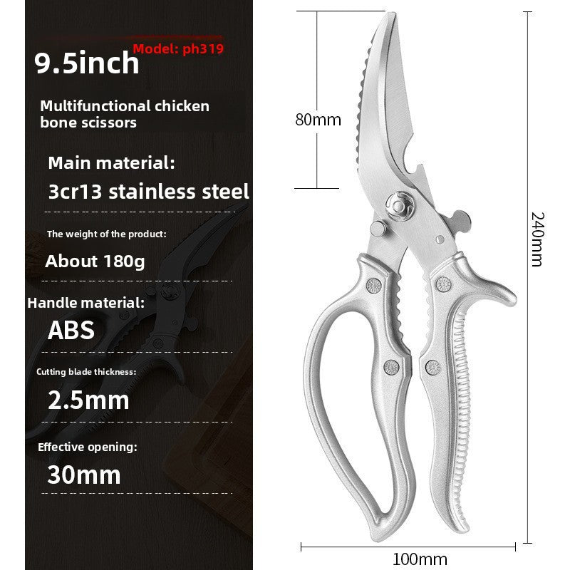 Multifunctional chicken bone scissors in 3CR13 stainless steel with ABS handles and a 30 mm opening