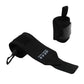 Plain black elastic wrist wrap pair on white, thumb loop and hook and loop tab