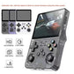 Handheld game console held in one hand during a gaming session on the couch