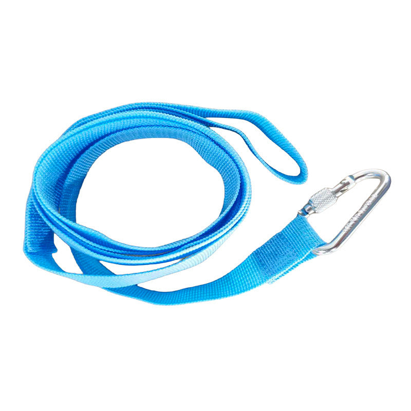 Blue traction rope with a loop end and a screw lock carabiner on a white background