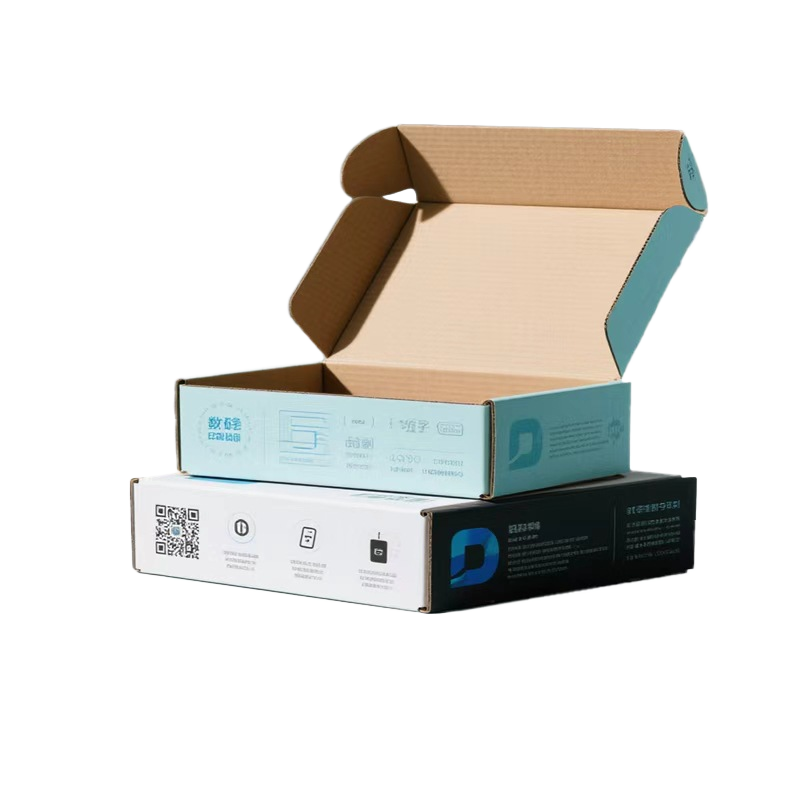 Open light blue airplane box above a white and black printed box, shown letterboxed on a black background