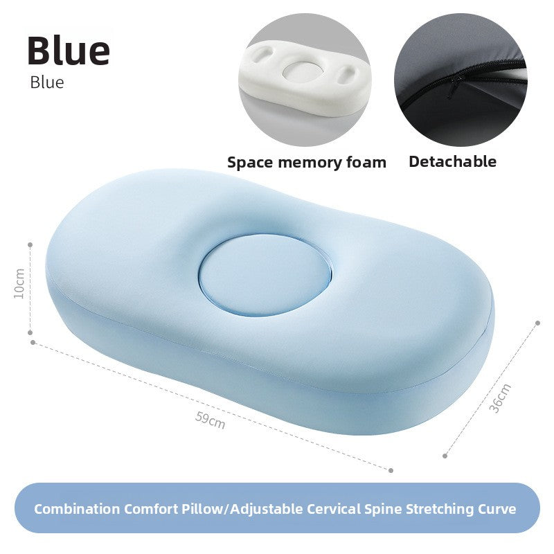 Blue oval memory foam pillow with detachable cover and space memory foam insets