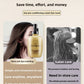 Woman with long smooth hair holding the hair mask bottle beside a salon care comparison panel