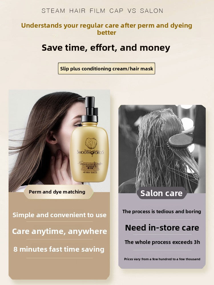 Woman with long smooth hair holding the hair mask bottle beside a salon care comparison panel