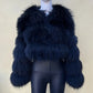 Navy Blue cropped banded fur coat, 3-Sleeve 5-Section layout, size XL