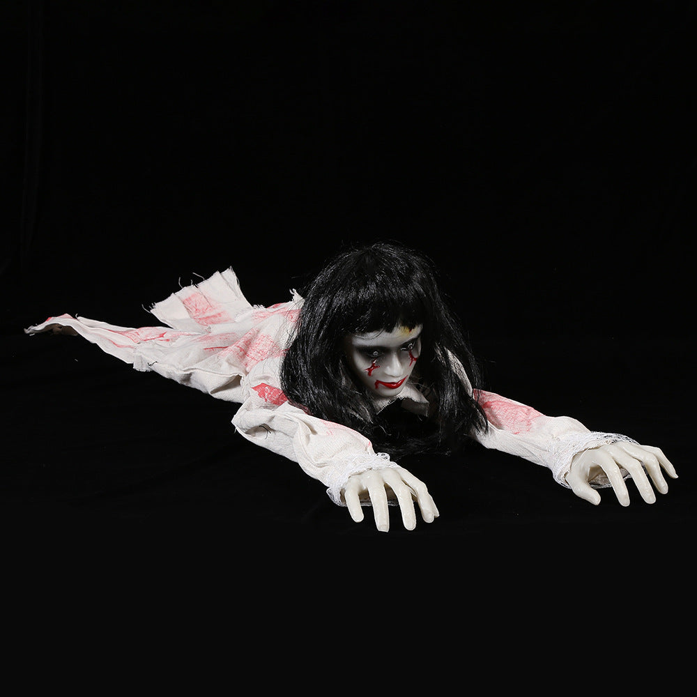 Female ghost in white option: black-haired crawling ghost prop in a white dress marked with red streaks