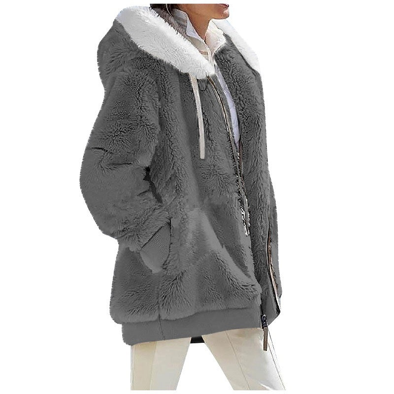 Women's loose plush hooded zip jacket with a contrast lined drawstring hood and two zip pockets