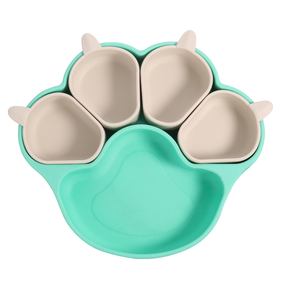 Cyan mint bear paw plate with four small beige cups on a white background