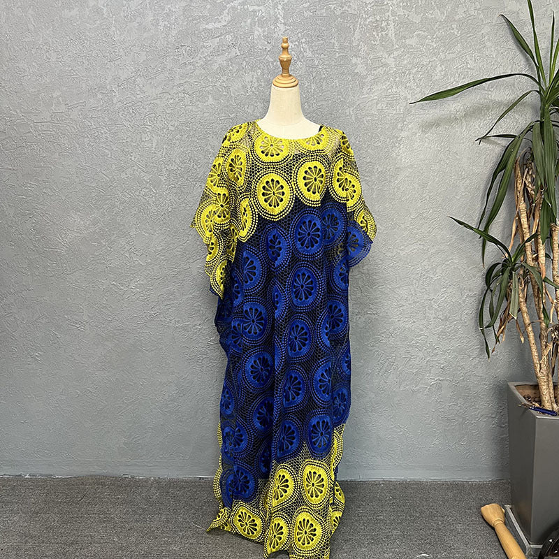 Blue and yellow two tone lace boubou maxi robe, front view
