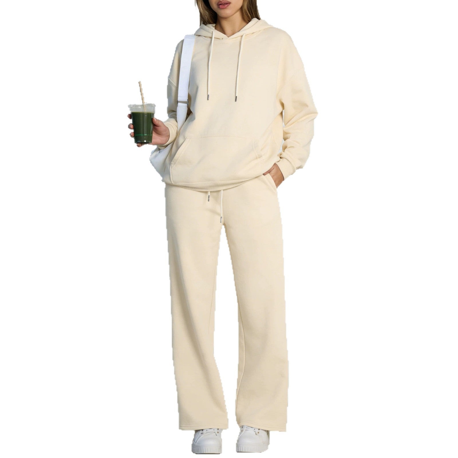 Cream fleece hooded sweatshirt and wide-leg sweatpants set shown folded