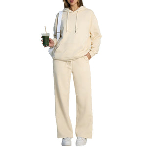 Cream fleece hooded sweatshirt and wide-leg sweatpants set shown folded