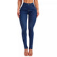 Dark blue high rise skinny jeans front view on a model, size S option