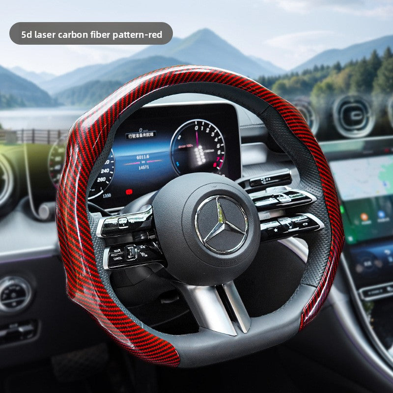 Red steering wheel cover fitted on a car wheel
