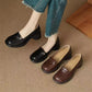 Womens Soft Leather Round Toe Thick Heel Loafers