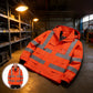 Hi-vis safety work jacket side profile showing reflective strips and fleece collar