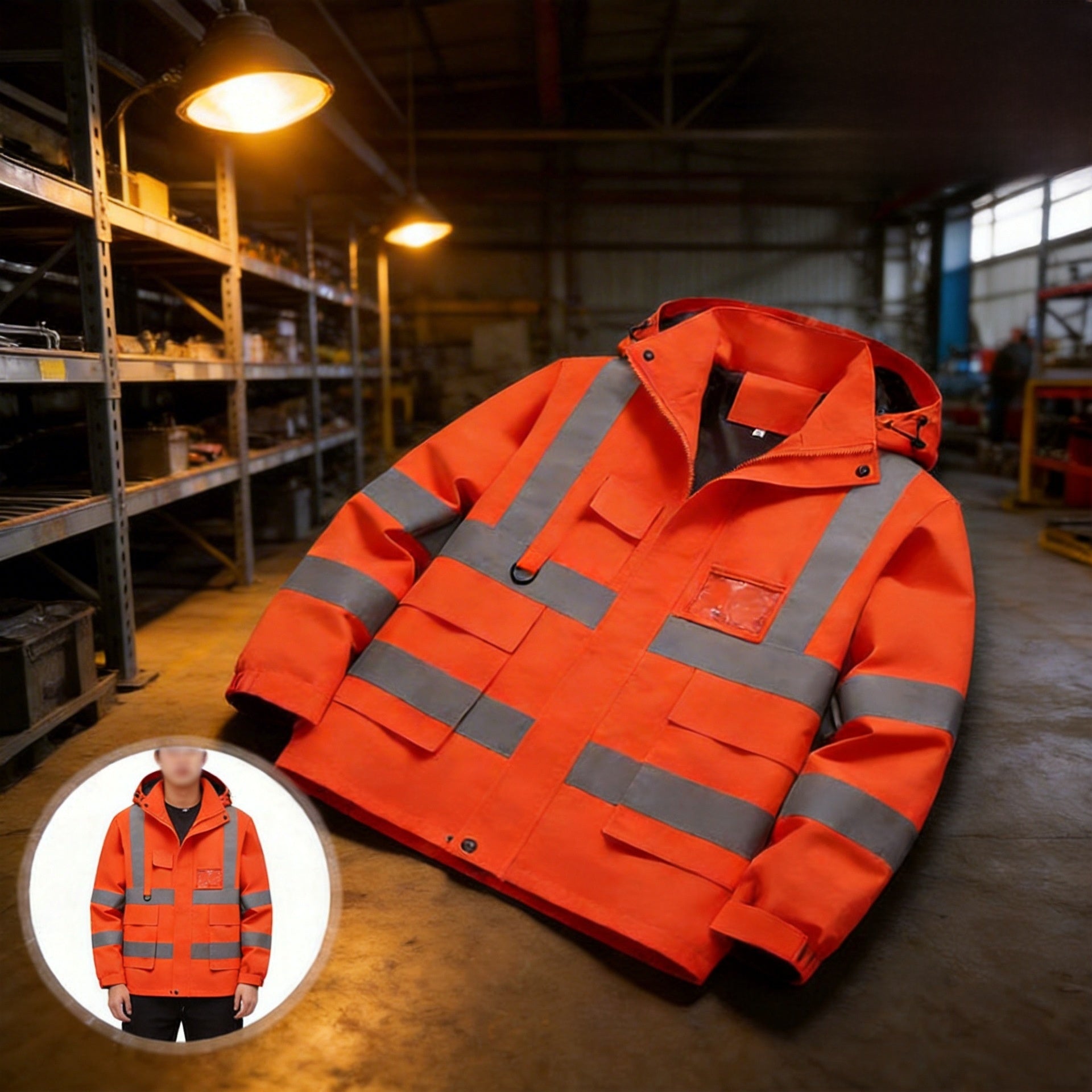 Hi-vis safety work jacket side profile showing reflective strips and fleece collar