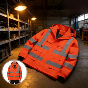 Hi-vis safety work jacket side profile showing reflective strips and fleece collar