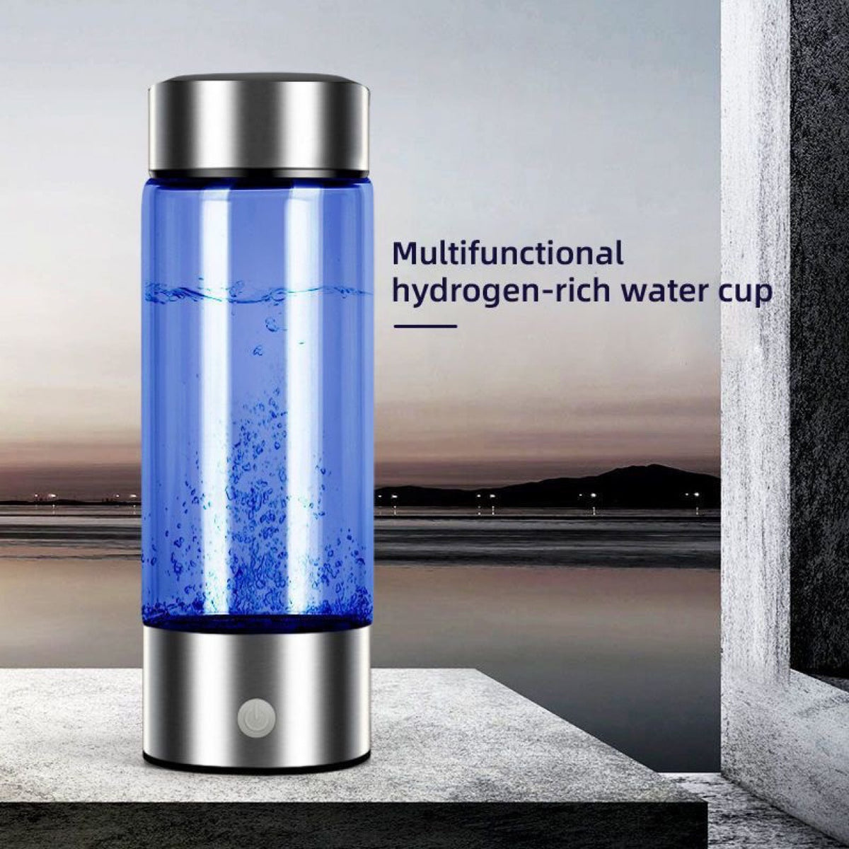 Stainless steel base of the hydrogen water bottle with its power button