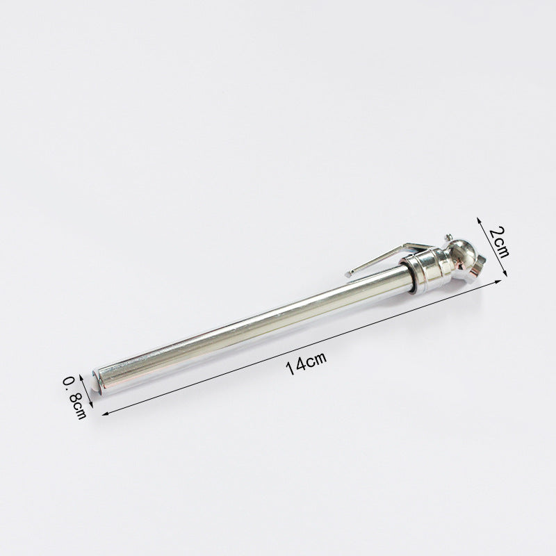 Silver pencil tire pressure gauge with maker callouts of 14 by 2 by 0.8 centimetres on white
