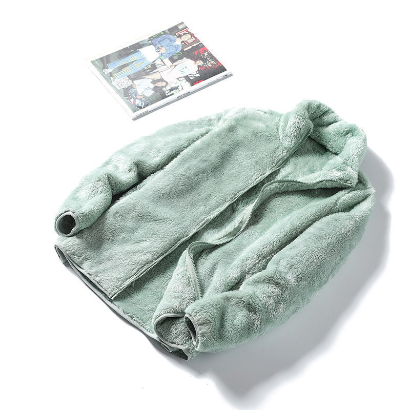 Double sided plush fleece zip jacket with a tall stand collar shown flat on a plain background