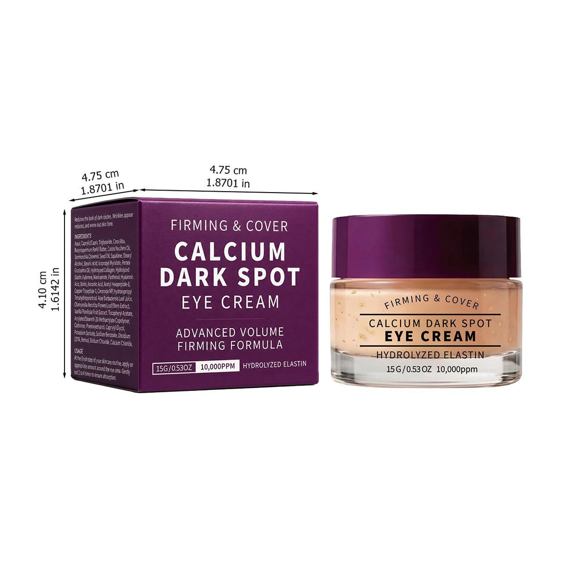 Option DZ11622 photo: purple BARUBT eye cream box with dimension lines beside a jar of peach cream
