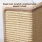 Close view of woven sisal scratching surface with taupe edge binding and a solid wood frame beside a cream sofa