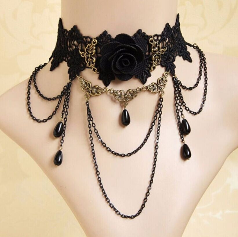 Gothic style vintage lace choker necklace shown close at the neck
