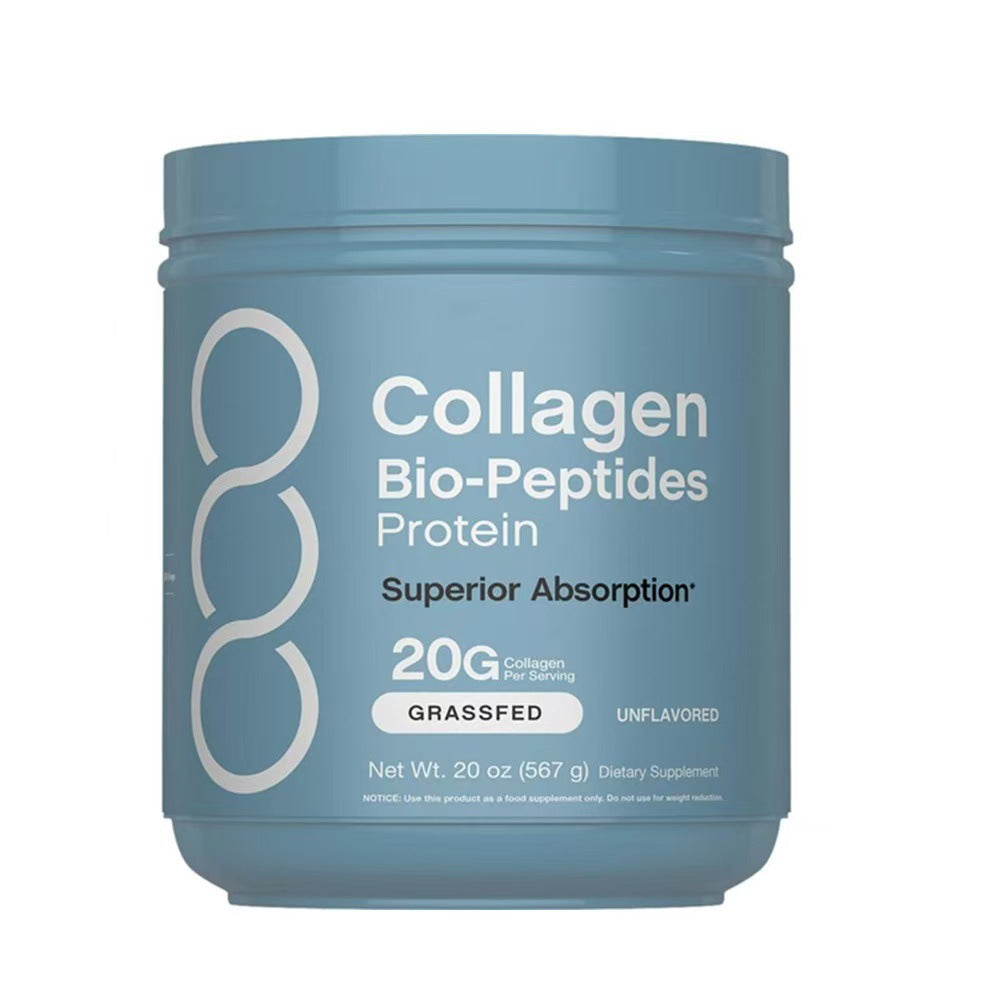 Collagen drink poured into a clear glass beside morning coffee