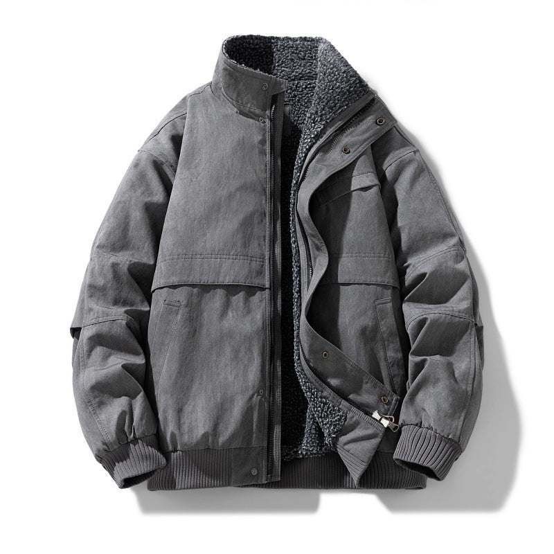 Dark gray padded bomber jacket with fleece lined stand collar, snap placket and ribbed cuffs, front view, size 2XL