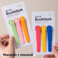 Macaron and Morandi retail cards held side by side, each with three silicone bookmark clips
