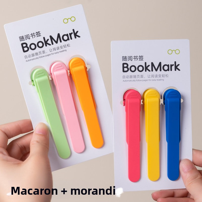 Macaron and Morandi retail cards held side by side, each with three silicone bookmark clips