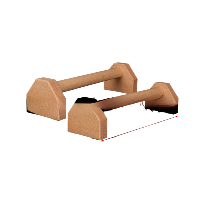 Hexagonal beech push up bars angled on white with the span marked in red