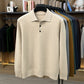 Khaki long sleeve knit polo shirt with three button placket and ribbed hem, size M