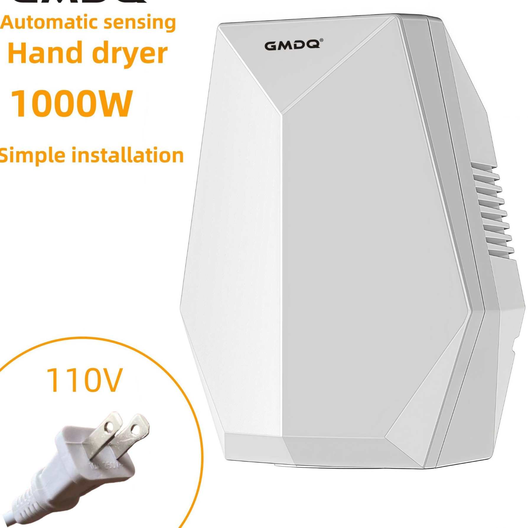 Dark gray automatic hand dryer shown with its power plug detail