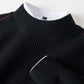 Black men's textured knit half turtleneck long sleeve top, collar and chest insert close-up, size 4XL