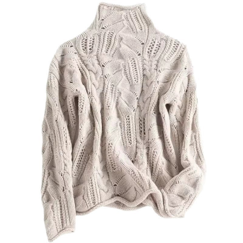 Apricot cream cable knit high neck sweater for women, braided cables and open stitch, relaxed loose drop shoulder