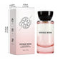Extrait de parfum carton and its heavy pink glass spray bottle photographed together with dimensions