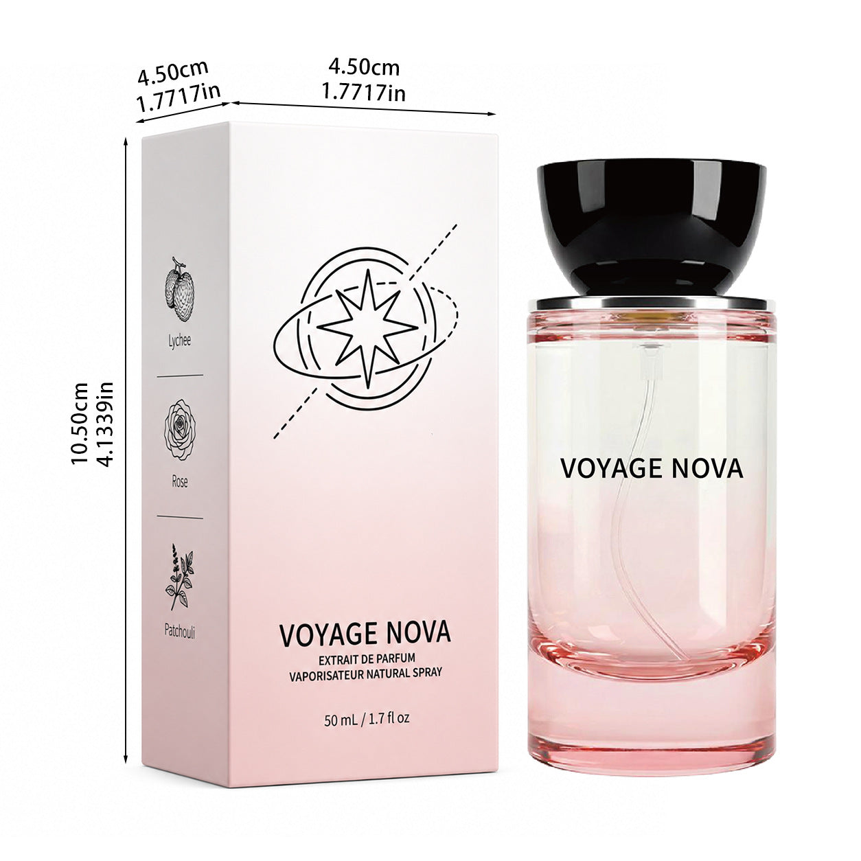 Extrait de parfum carton and its heavy pink glass spray bottle photographed together with dimensions