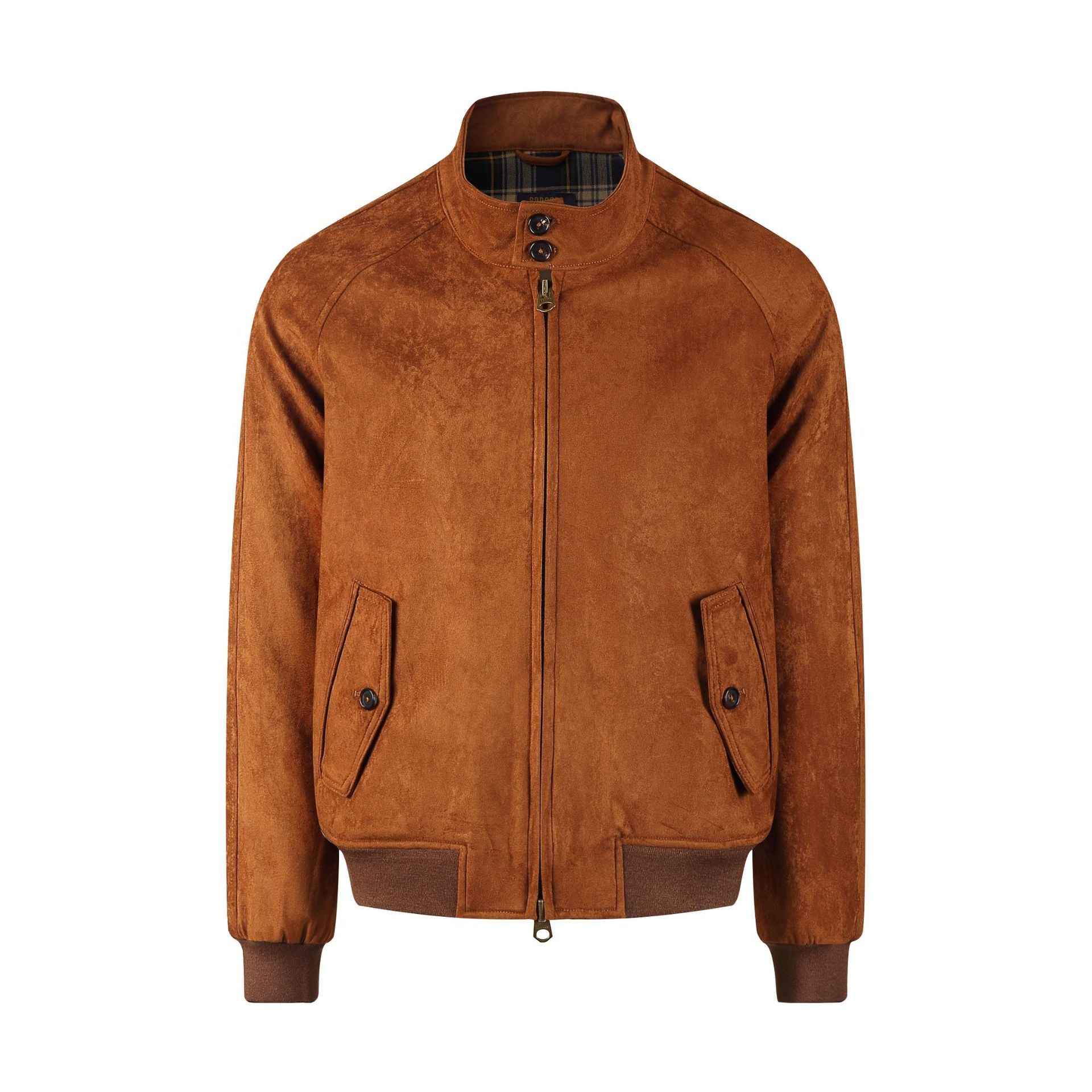 Brown vegan suede zip bomber jacket with a Harrington stand collar